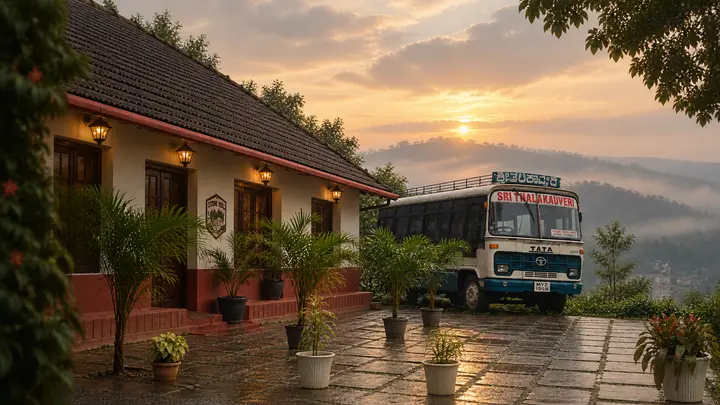 Stone Hill at sunrise: the tiled-roof house with its lamps lit, potted palms on a rain-washed courtyard, the Sri Thalakauveri bus and misty hills beyond.